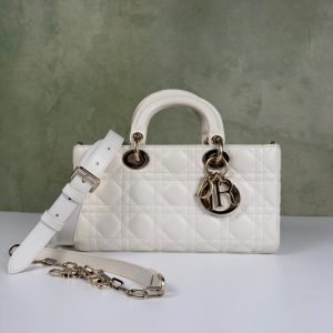 Dior Lady D-Joy (Horizontal Lady Dior), White Cannage Lambskin, Pale Gold Hardware Handbag & Crossbody Bag
